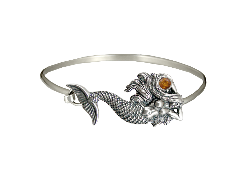 Sterling Silver Mermaid Strap Latch Spring Hook Bangle Bracelet With Amber